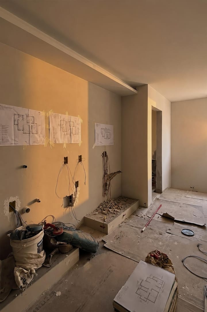 Room at first-fix stage with new cabling and capped pipework