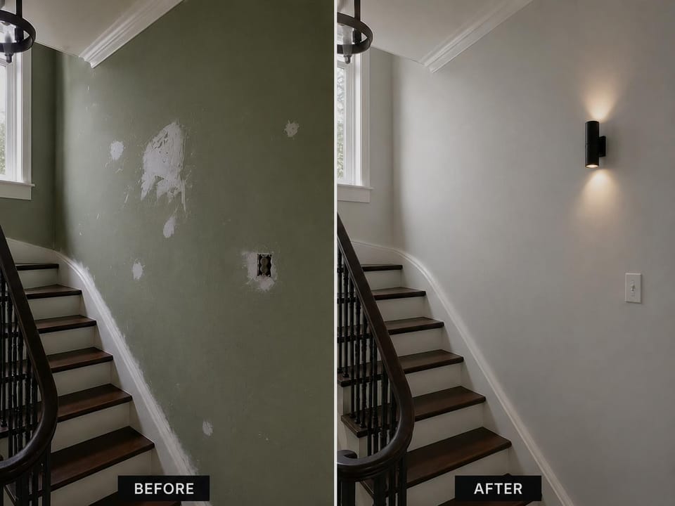 Stairwell redecoration, before and after